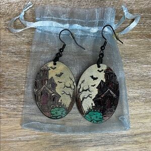 NWOT Vintage Haunted House Earrings - Black and Green